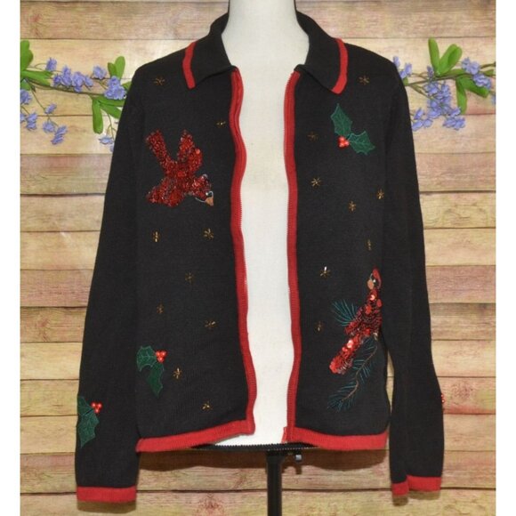 Jason Maxwell M Black Full Zip Christmas Cardigan Sweater Sequin Cardinal Birds - Picture 6 of 10